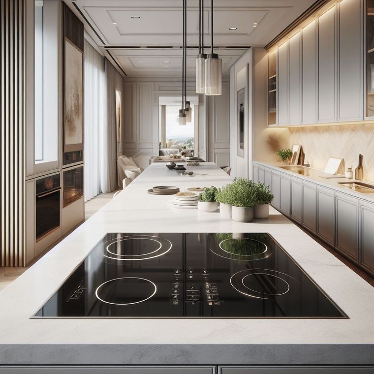 Induction cooktop set into a white marble island