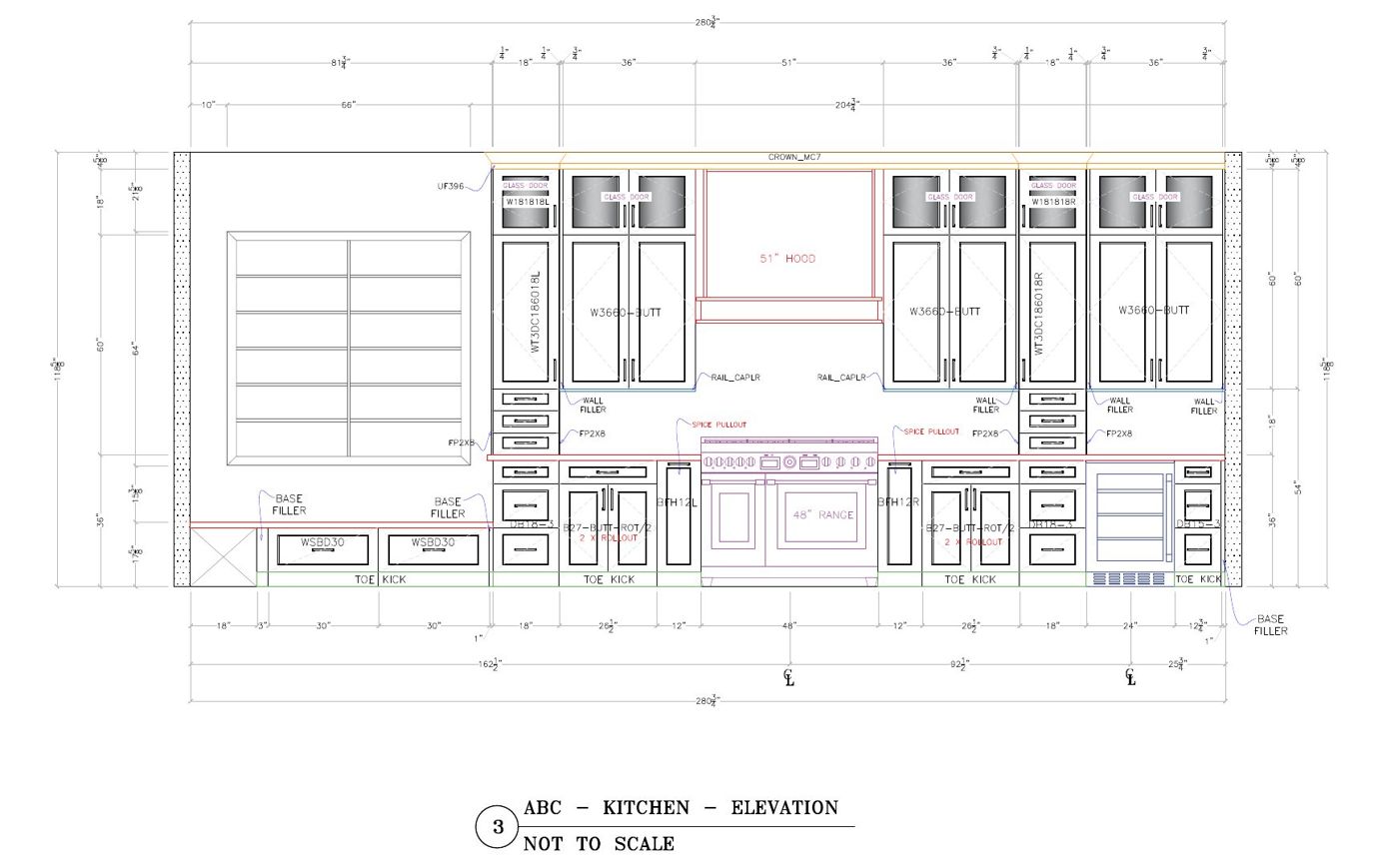Dimensioned elevation drawing of the range wall with cabinet codes