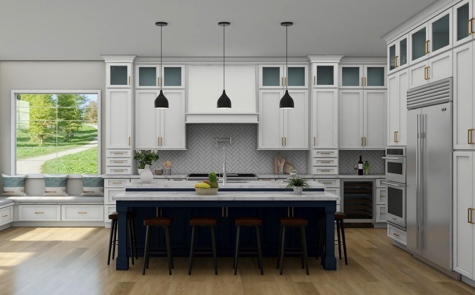 360° design of a white shaker kitchen with a navy island